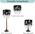 Hummingbird & Floral Lamp Shade with Crystal Bead Droplets, Black & White Drum Fabric Light Shade for Ceiling Pendant Table & Floor Lamps, Nature-Inspired Decor, 11.8in