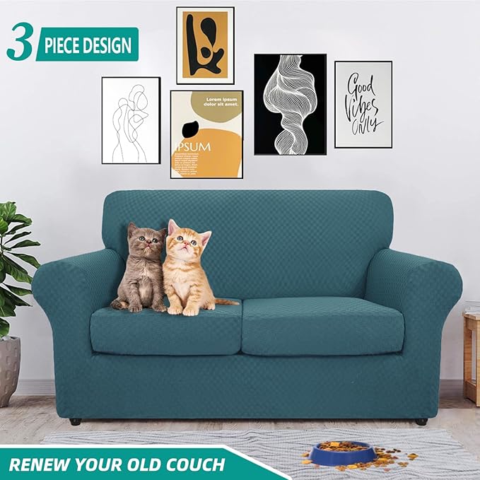 YEMYHOM Latest Checkered 3 Pieces Couch Covers for 2 Cushion Couch High Stretch Thickened Love Seat Sofa Cover for Dogs Pets Anti Slip Elastic Loveseat Slipcover Protector (Teal), 55"-69"(2 Cushions)