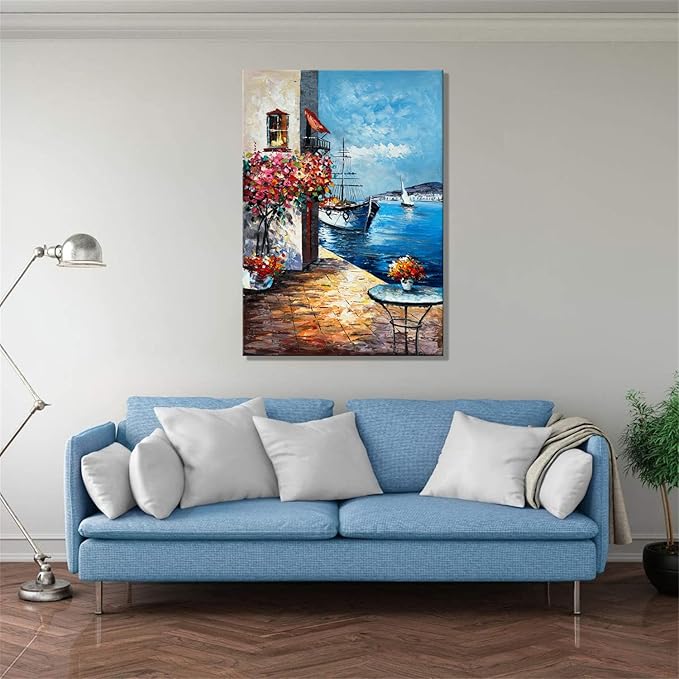 Alenoss Handmade Mediterranean Landscape Painting - 28x40 Inches Large 3D Wall Art for Home Decorations - Framed Abstract Canvas Wall Art - Contemporary Texture Wall Decor