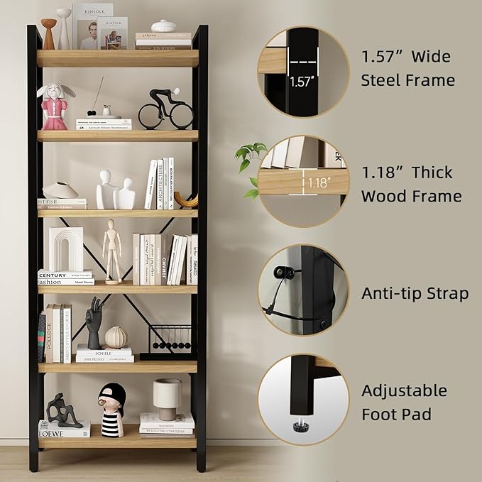 Real Solid Wood Rustic Vintage Industrial Etagere Bookshelf, Metal & Timber Free Vintage Bookcase, Retro Brown (Genuine Timber) (6-Tiers-Natural Finish)