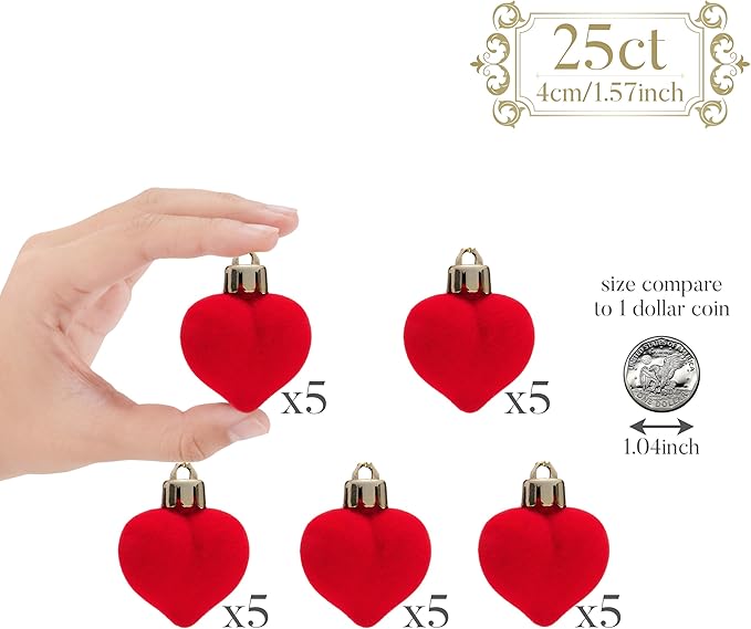 Valery Madelyn 1.57 Inches Valentines Day Heart Tree Decorations for Christmas Ornaments Set, 25ct Velvet Red Shatterproof Valentines Ball Hanging Party Wedding Anniversary Decor