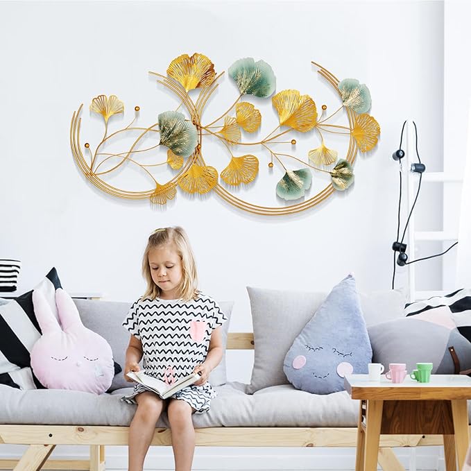 Babyieia 3D Ginkgo Leaf Metal Wall Art Decor for Living Room, 59" Gold Wall Art Decorations, Large Modern Metal Wall Sculptures
