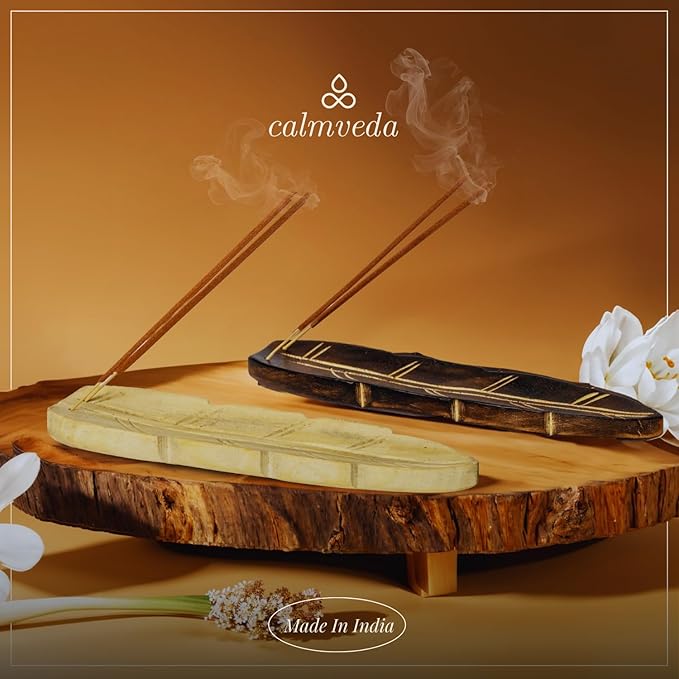 Handmade Wooden Incense Holder - Pack of 2 Incense Holder for Sticks | Double Coloured Leaf Shaped Insence Trays | Natural Mango Wood Insence Holder for Relaxation and Meditation (10 Inch)