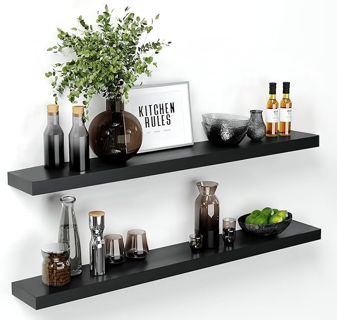 Homeforia Floating Black Shelf 60 inch, High End Solid Real Wood 60 inches Long Floating Shelves for Wall, Black Wooden 60inch Large Floating Shelves, Heavy Duty Bracket, 60 X 6.5 X 1.75 in, Set of 2