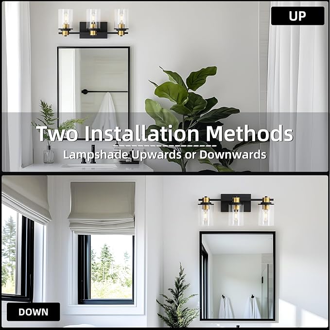 LOUSACE Bathroom Light Fixtures Black and Gold, 3 Light Bathroom Vanity Light, Modern Bathroom Light over Mirror with Clear Glass Shades, Brushed Gold Socket Wall Vanity Lighting Fixtures for Bathroom