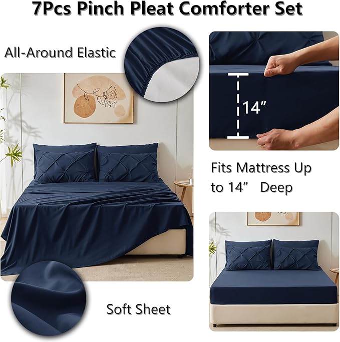 CozyLux Oversized Queen Comforter Sets Navy Blue, 7 Pieces Oversized Queen Pintuck Bed in A Bag, Pinch Pleat Bedding Sets with All Season Comforter, Flat Sheet, Fitted Sheet, Pillowcases & Shams
