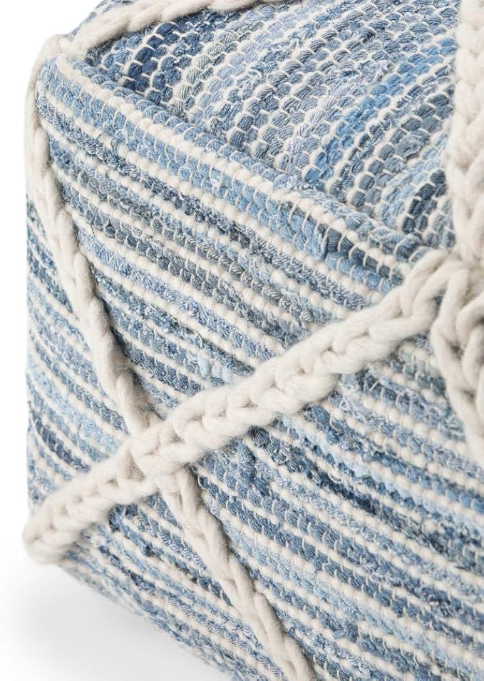 SIMPLIHOME Cowan Square Pouf - 20 inch Wide Handloom Woven Wool and Cotton Ottoman in Blue and Natural, Contemporary Footstool or Extra Seating for Living Room, Bedroom, or Kids Room, Assembled