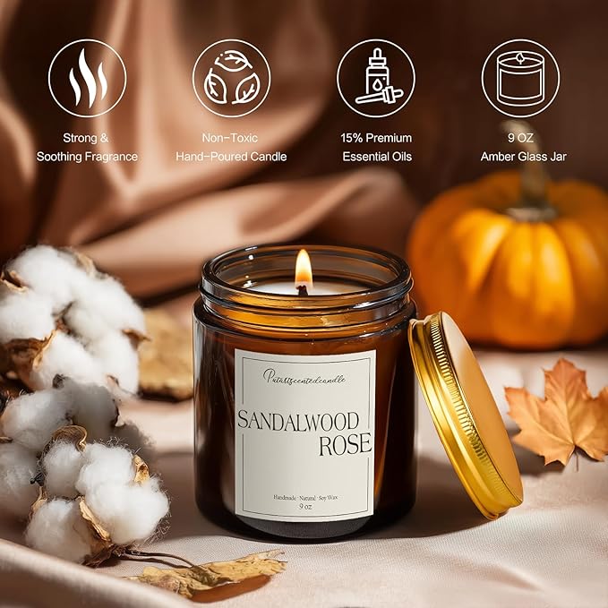 Sandalwood & Rose Scented Candles for Home, Natural Soy Wax Aromatherapy Santal Rose Candle Gifts for Men & Women, Highly Scented & Long Lasting Non Toxic Jar Candle for Stress Relief (9oz)