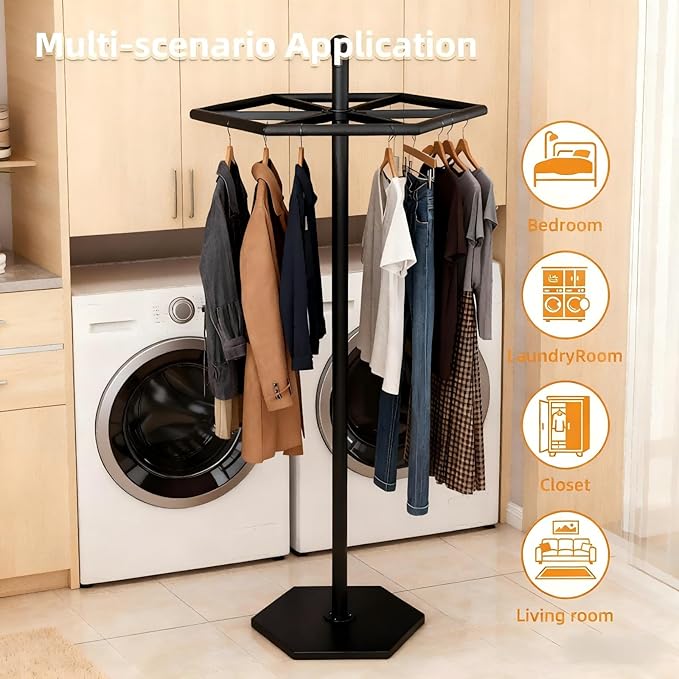 Heavy-Duty Metal Rotating Clothes Rack，Rack Load 200lbs,Round Clothing Rack，Retail Clothing & Garment Racks,With Adjustable Pad Base, For Bedroom, Boutique & Laundry Room（Black）