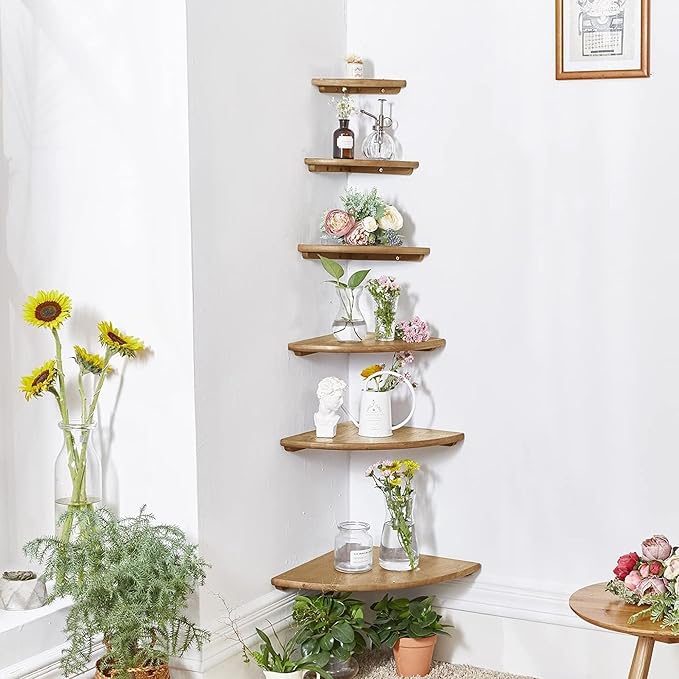 Corner Shelves, Floating Corner Shelf, Set of 2 Solid Oak Wood Wall Shelves, Round End Wall Mount with Wire Hole Shelving for Small Plant for Bedroom Kitchen, Living Room 8.7“