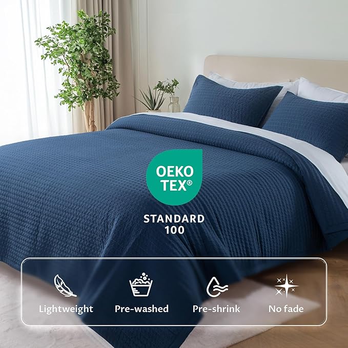 KASENTEX Oversized Queen Quilt Set 102"x106" – Soft Washed 3-Layer Lightweight Bedspread, Minimalist Nordic Design, All-Season Spring & Summer Quilt Set (1 Quilt + 2 Pillow Shams),Dress Dark Blue
