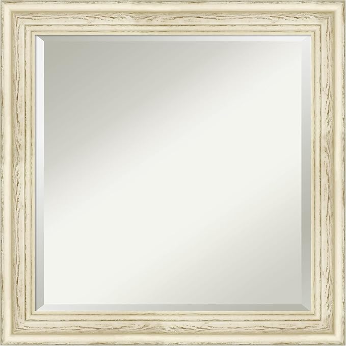Amanti Art White Wall Mirror 24x24 Country White Wash Square Bathroom Mirror for Wall Decor Living Room, Medium Country Rustic Wood Frame, Hangs Horizonally and Vertically, Bathroom Decor, Beveled