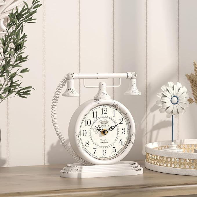 Vintage Table Clock, Desk and Shelf Decor Clock, White Antique Telephone Style Mantel Clocks, for Living Room, Farmhouse, Bedroom, Bedside, Gift (7.3" H x 7.3" W)