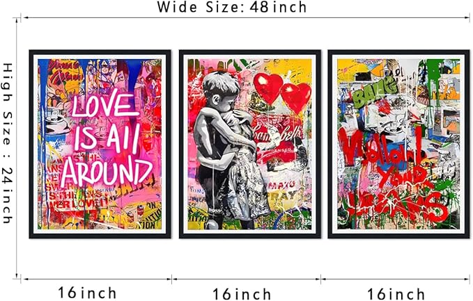 Novatique Colorful Graffiti Wall Art Banksy Street Wall Art Modern Boy and Girl Graffiti Art Painting Print Framed Ready to Hang Home Decoration,16" x 24" x 3pcs