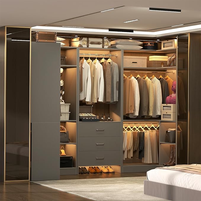 Aheaplus Closet System with 3 Drawers, 5 Hanging Rods & Corner Tower, Corner Closet System with Hanging, 88.8" U-Shaped Walk-In Wardrobe Organizer, 2000+ lbs Capacity, Set of 3,Grey