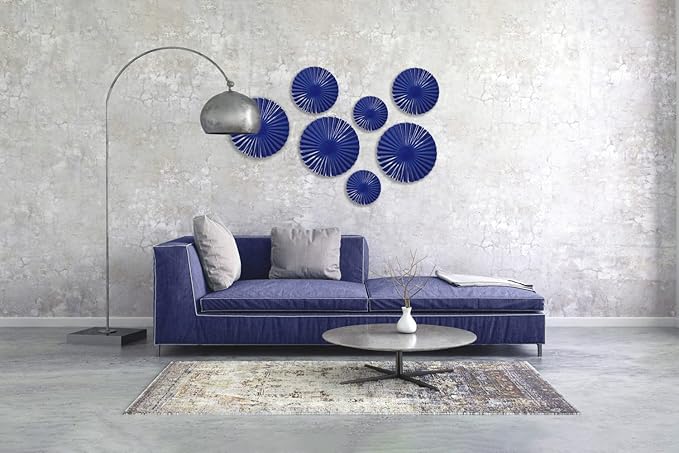 ITrixgan 7 Pieces Deep Blue Wall Art Round Metal Modern Accent Large Sunburst Hanging Decorations Above Bed TV for Home Office Bedroom Living Room