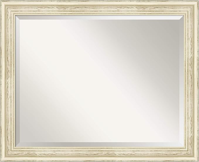 Amanti Art White Wall Mirror 26x32 Country White Wash Rectangle Bathroom Mirror for Wall Decor Living Room, Large Country Rustic Wood Frame, Hangs Horizonally and Vertically, Bathroom Decor, Beveled
