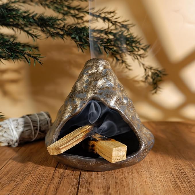 Black Gold Palo Santo Incense Burner-Unique Zongzi-Shaped Clay Smudge Bowl for Sage,Copal, and Stick Incense-Mini Chiminea for Zen Meditation,Yoga,Altar,Aromatherapy & Energy Cleansing Decor