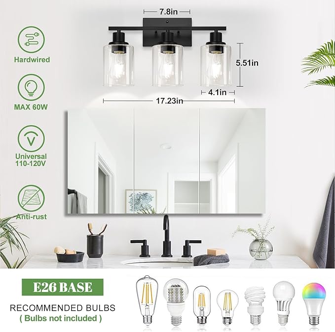 3-Light Bathroom Light Fixtures, Vanity Light with Clear Glass Shades, Matte Black Bathroom Light Fixtures Over Mirror, Modern Bathroom Wall Lamp for Mirror Living Room Cabinet Bedroom