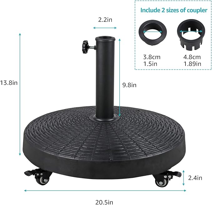 COBANA Patio Umbrella Base, Heavy-Duty Stand Resin Weights with Wheels for Outdoor Market Umbrella, 52lbs, Black