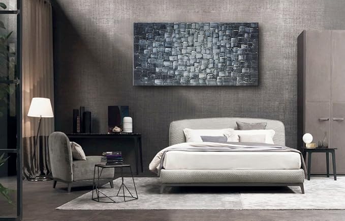 MyArton Textured Abstract Squares Canvas Wall Art Hand Painted Modern Silver Oil Painting Picture for Home Decoration Ready to Hang 40x20inch