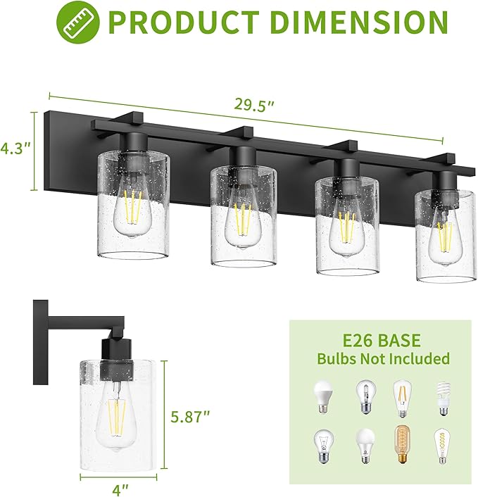 Espird Bathroom Vanity Light, 4 Light Matte Black Light Fixture with Thickened Seeded Glass Shade, 30 inch Modern Wall Sconce,Vanity Lights Over Mirror for Bathroom