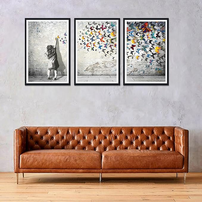 Novatique Graffiti Canvas Wall Art Graffiti Girl with Butterfly Canvas Print Wall Art Street Art Picture Banksy Poster Artwork for Bedroom,24" x 36" x 3pcs