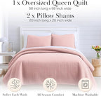Southshore Fine Living, Inc. Stitched Pink Queen Quilt Bedding Set, Oversized Quilts Queen Size/Full, Pet Hair Resistant Bedding, Soft Cozy Bedspread, Full Size Coverlet, 2 Pillow Shams, Pastel Pink