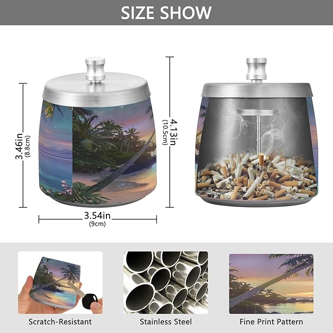 Dreamy Hawaiian Beach Ashtray with Lid, Outdoor Ashtrays for Patio, Stainless Steel Ashtray Odorless Smokeless for Home Office Balcony