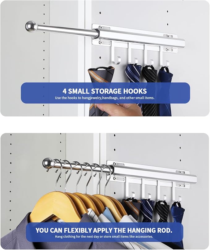 12" Valet Rod for Closet Pull Out With 4 Hooks Valet Rods for Closets (2Pack Silver) Closet Valet Rod Slide Out
