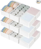 DIMJ Drawer Organizers Clothes, Set of 12 Dresser Organizer Bins, Fabric Closet Organizers and Storage, Shallow Drawer Dividers for Nursery, Clothing, Baby Clothes, Socks, Underwears, Tie (White)