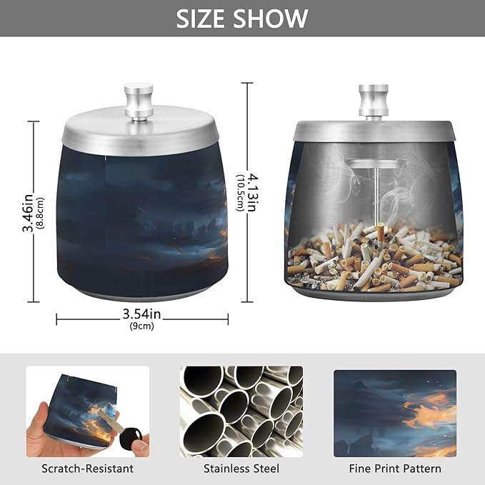 Fire Wolf Ashtray with Lid, Outdoor Ashtrays for Patio, Stainless Steel Ashtray Odorless Smokeless for Home Office Balcony