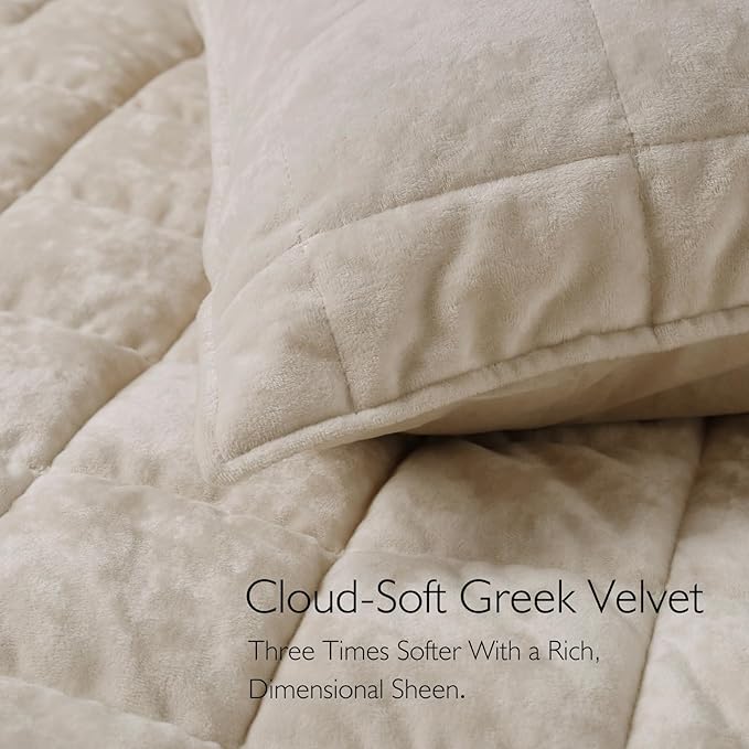 Oversized King Greek Velvet Quilt Set, 3× Softer Luxe Sheen, 100% Cotton Backing, 150GSM Down-Alternative Fill, Extra-Wide 112×106" Hotel-Style Luxury Coverage (1 Quilt + 2 Pillow Shams), Sandshell