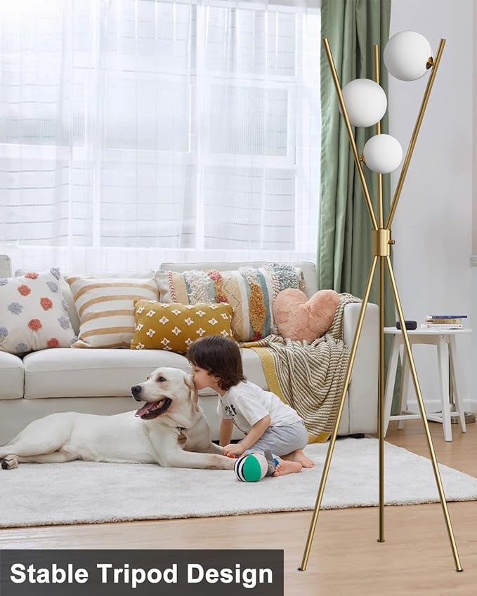 Lightdot Tripod Floor Lamp Stepless Dimmable Globe Modern Floor Lamp Gold Standing Lamps with 3PCS 3000K Bulbs Included Mid Century Modern Floor Lamps for Living Room/Bedroom/Sofa Beside/Corner Decor