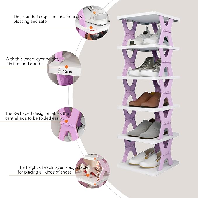 Shoe Rack, Collapsible Kids Shoe Rack, 6-Tier Small Foldable Shoe Organizer for Entryway, Dorm, Bedroom (Grey-x)
