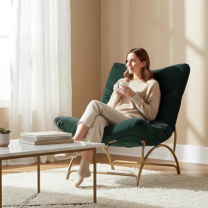 Welnow Accent Lounge Lazy Chair, Comfy Soft Leisure Metal Frame Reading Chair, Upholstered Thick Cushion Seated Recliner Sofa for Living Room, Bedroom, Dorm, Dark Green