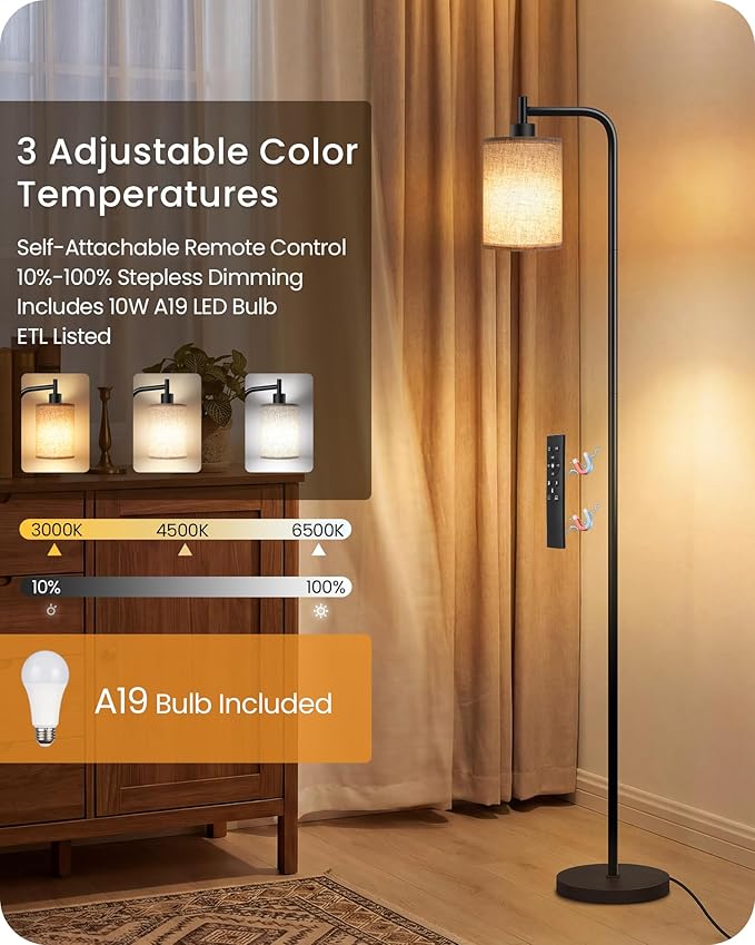 Dimmable Floor Lamp for Living Room with Remote and Foot Switch, Modern Standing, Corner Lamp,10W Bulb 3 Color Temperatures, for Bedroom, Office, Corner, ETL Listed, Black and Beige E19LD05
