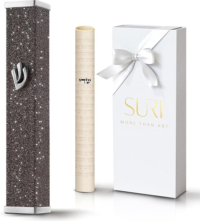 SURI Jewish Door Mezuzah – 3.8 Inch Sparkling Dark Aluminum Mezuza Holder with Printed Scroll, for Indoor or Outdoor Entry, Fits a 3 Inch Scroll, Self-Stick Adhesive
