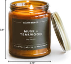 Calyan Wax Co. Musk & Teakwood Scented Candle - 57 Hour Burn - Luxury Non Toxic Soy Wax Candles - Long Lasting Amber Glass Jar Candle for Home - 7.2oz
