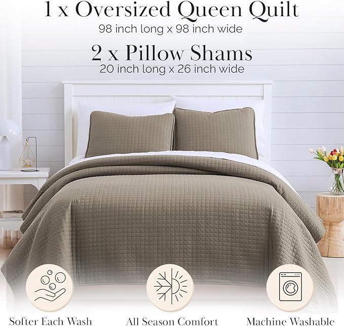 Southshore Fine Living, Inc. Quilts Full/Queen Size Quilt Bedding Set, Easy Care Stain & Pet Hair Resistant Bedding, Coverlet Queen Size/Full Size Bedspread with 2 Pillow Shams, Dark Taupe