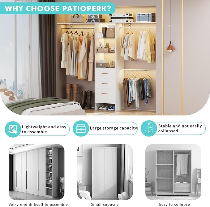 Walk in Closet Organizer System with 3 Extendable Hanging Rods, Built-in Garment Rack with 6 Shelves, Wall Mounted Clothes Organizers Storage Systems for Bedroom