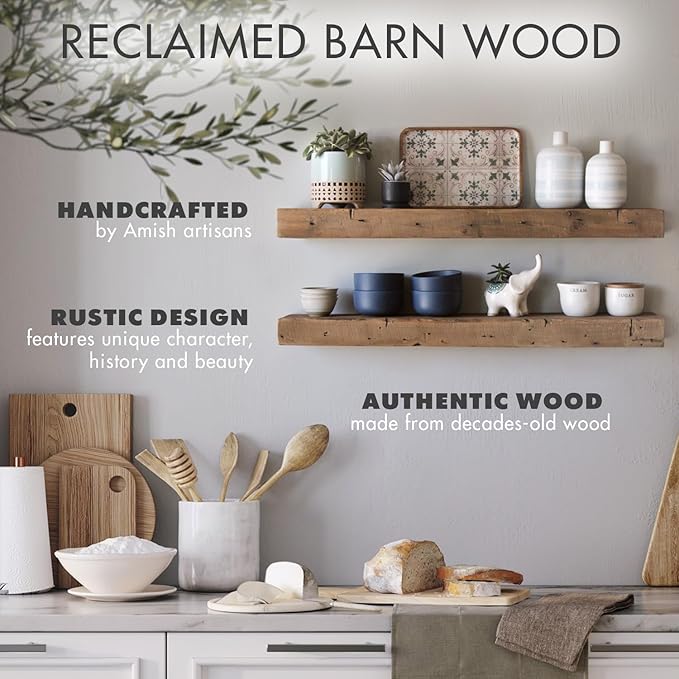 Urban Legacy Reclaimed Barnwood Planks | Floating Shelves for Wall w/Flush Mount Shelf Bracket Set Included | Set of 2 (Natural, 30"x 4.5"x 2")