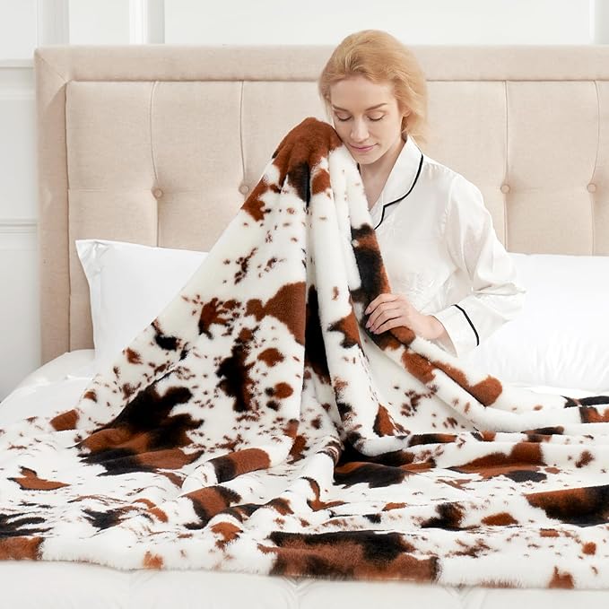 Cozy Bliss Cow Print Faux Fur Throw Blanket, Animal Printed Blankets Super Soft Warm Thick Fluffy Throws Home Decor for Couch Bed Sofa Women (Black&Brown Cow, 50x60 Inches)