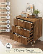 Fluted 3 Drawer Dresser for Bedroom, Modern Storage Bedroom Dresser Chest Cabinet Organizer with Anti-Tip Hardware for Living Room, Dressing Room, Kids Room, Office (Walnut)