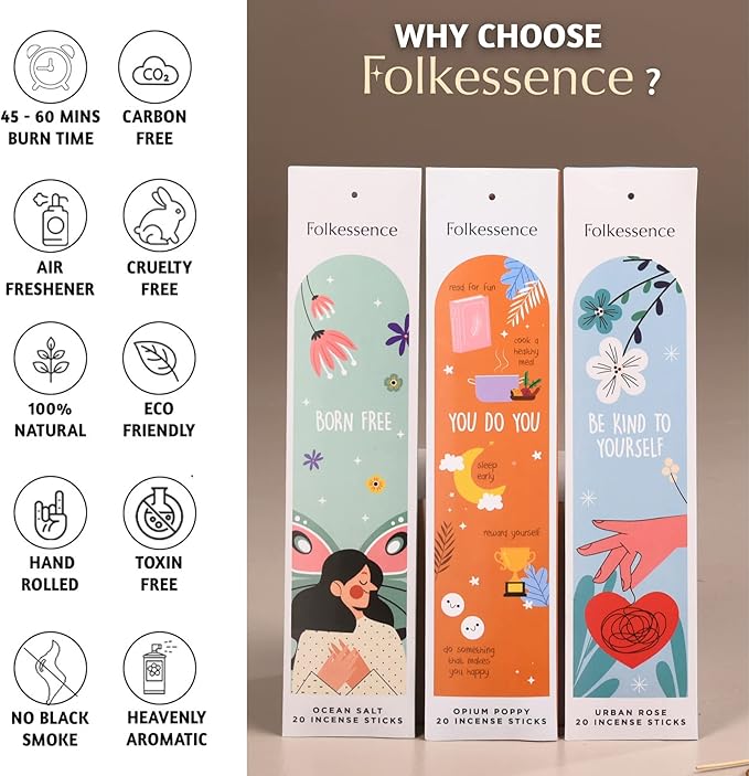 Folkulture Incense Sticks (120 Sticks) | Set of 6 Premium Incense for Aromatherapy, Valentines Day Gifts for Her | No Charcoal, Organic, Non Toxic, 45 Min Burn time Green Tea, Rose Insence-Sticks