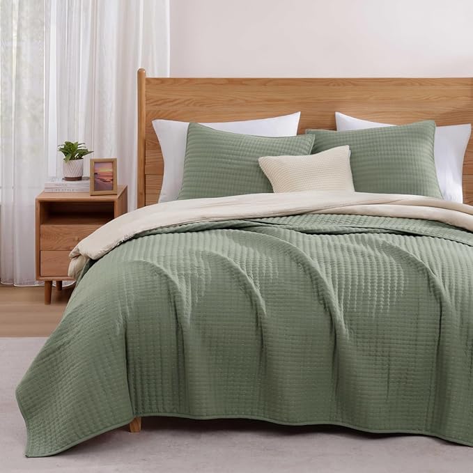 WRENSONGE Queen Quilt-3 Pieces Lightweight Bedspreads Sage Green Queen Size Quilt Bedding Set for All Seasons, Soft Summer Coverlet with 2 Pillow Shams Suitable for Bed, Couch