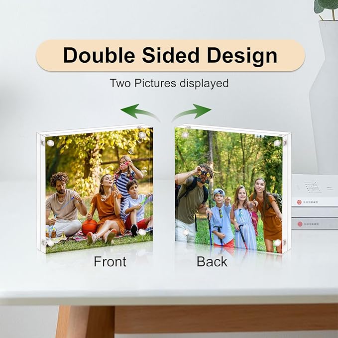 Acrylic Picture Frame - 8x8, Clear Double Sided Frameless Photo Frame with Magnetic, Free Standing Desktop Display, Lucite Frame with Gift Box Package, 12+12mm Thickness - 1 Pack