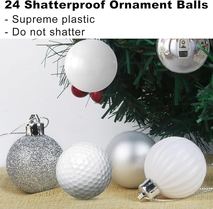 White & Silver 1.6" Small Christmas Balls Christmas Tree Decoration Ornaments Shatterproof Hanging Balls for Birthday Halloween Holiday Wedding Decorations Set of 24pcs