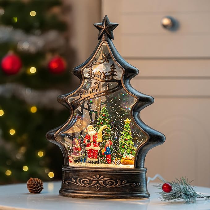 Musical Snow Globe Christmas Tree Lantern Lighted Santa's List Christmas Snow Water Lantern Swirling Glittering Home Decoration and Gift, Battery Operated or USB Powered
