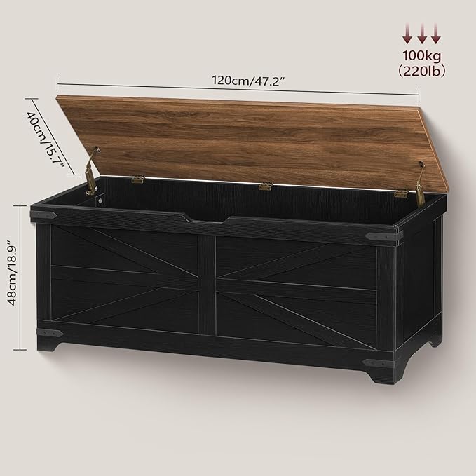 Large Toy Chest, 47.2" Wooden Toy Box with 2 Safety Hinges, Farmhouse Style Storage Bench, Blanket Storage Chest for Living Room, Entryway, Bedroom, Black+Walnut SCHZ18601